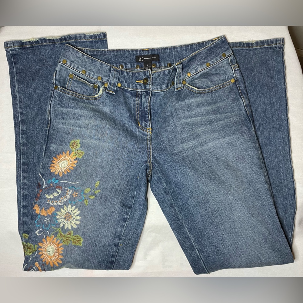 INC International Concepts Blue Studded Jeans w/ Orange White Embroidery Size 8 - Picture 11 of 12